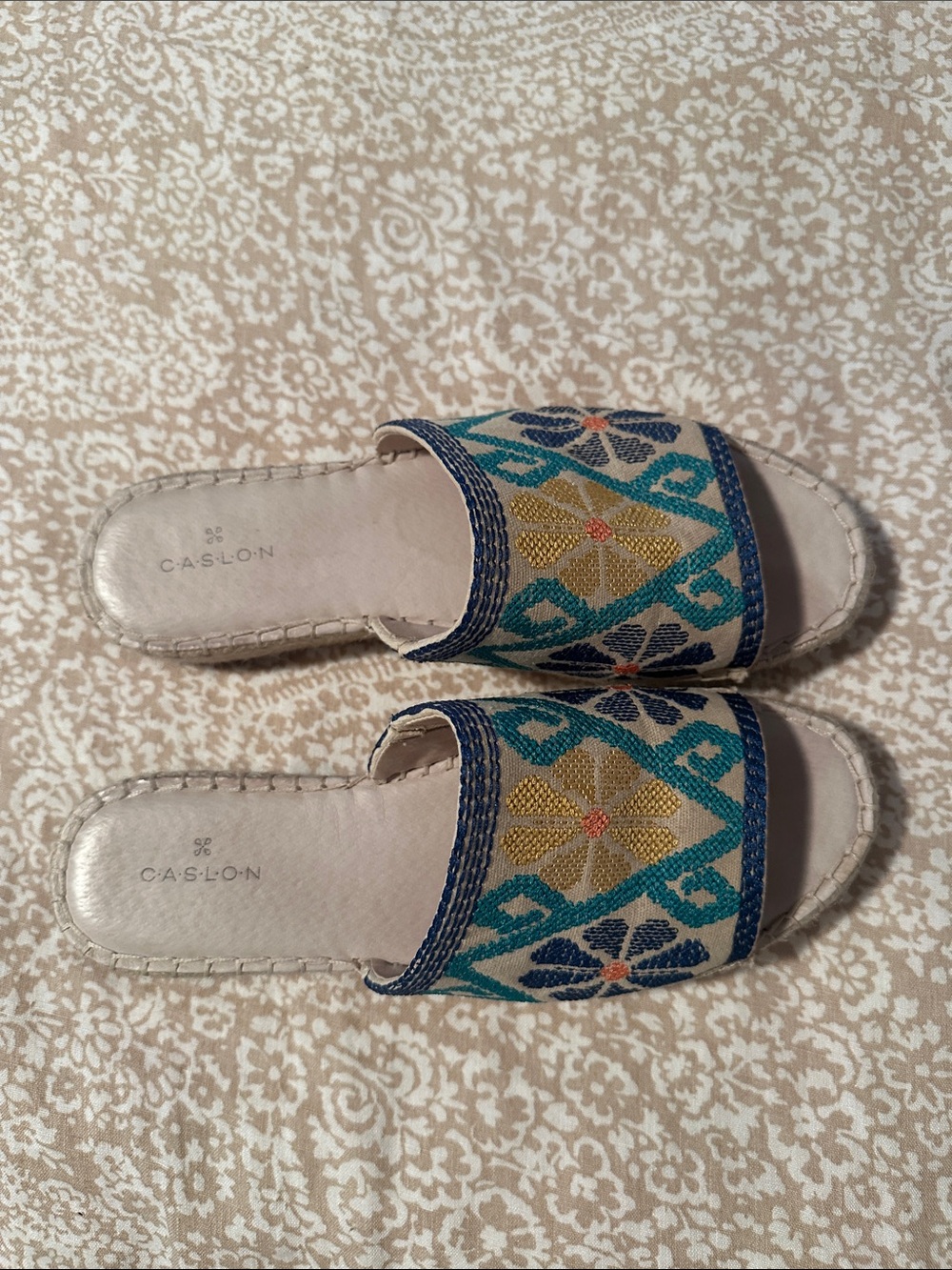 Caslon Beige Slides with Blue and Teal Embroidered Strap